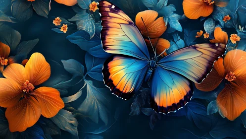 Blue morpho butterfly rests among vivid orange flowers