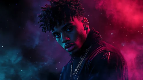 Moody male portrait in neon pink and blue smoke lighting.