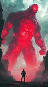 Gigantic red energy humanoid above lone armed figure.