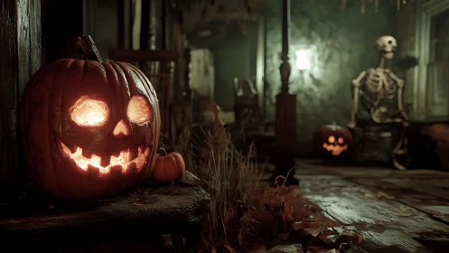 Glowing jack o lantern welcomes playful Halloween chills.