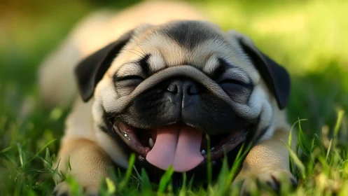 Sunlit pug nap with a joyful tongue-out summer grin.