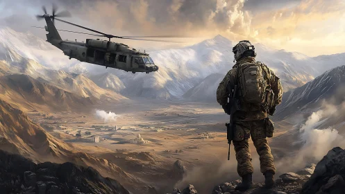 Lone soldier overseeing valley as military helicopter passes.