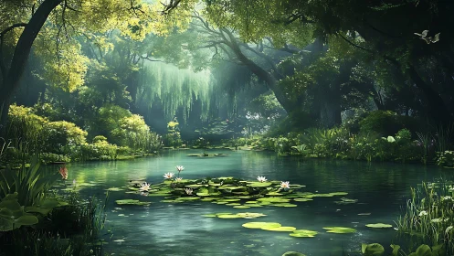 Whispering forest pond trades light and shadows with lilies