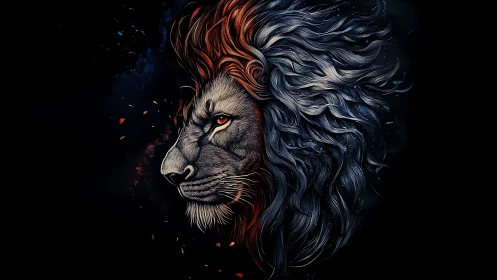 Ember-maned cosmic lion ignites the dark celestial silence.