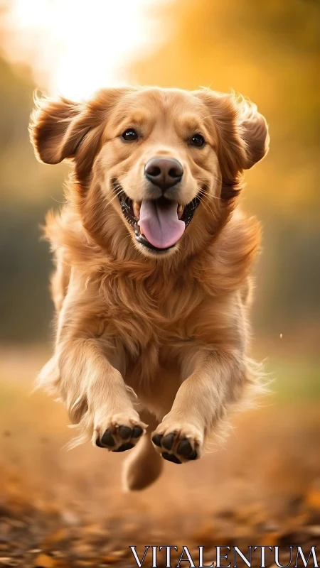 Joyful golden retriever bounds through soft autumn light