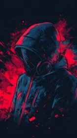 Hooded midnight figure in neon red and electric shadow.