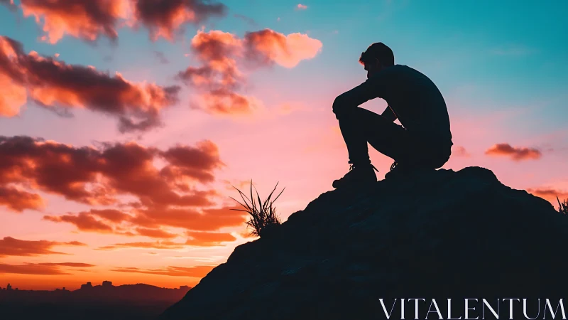 Silhouetted hiker pauses on rocky peak at glowing sunset sky