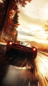 Supercar races through glowing autumn forest highway at dusk.