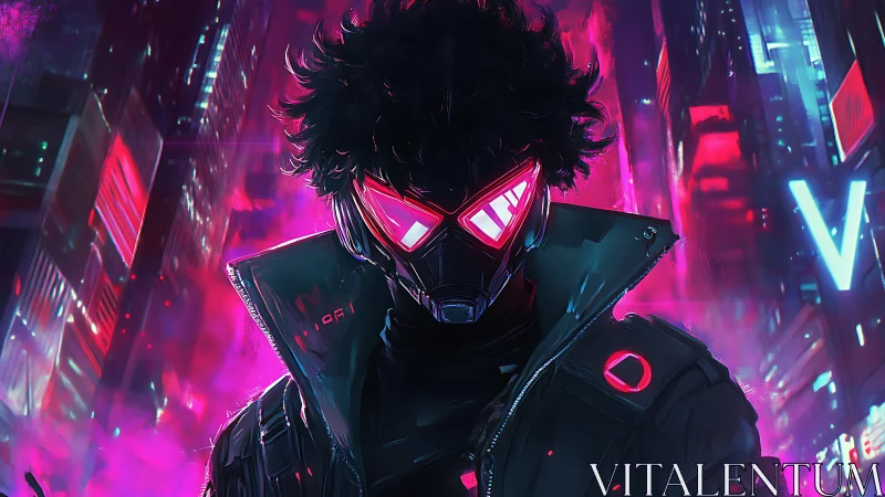 Neon-masked vigilante stands defiant in a cyberpunk citystorm