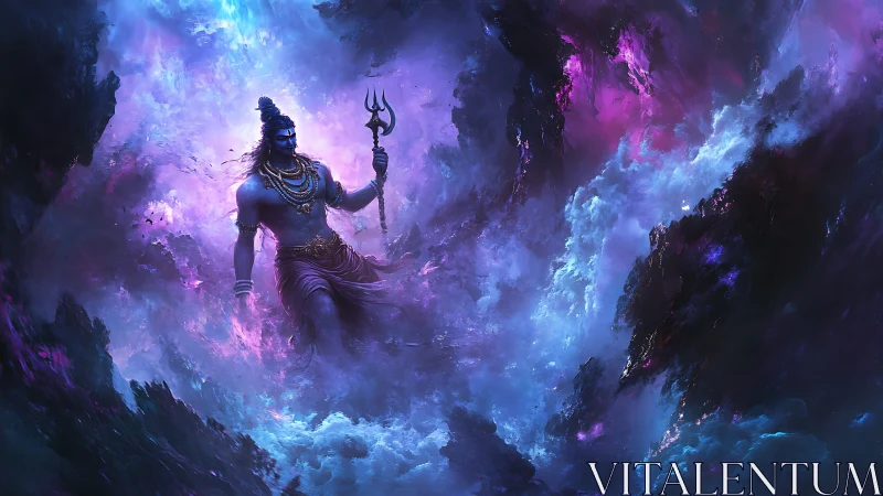 Divine warrior strides through swirling cosmic stormscape