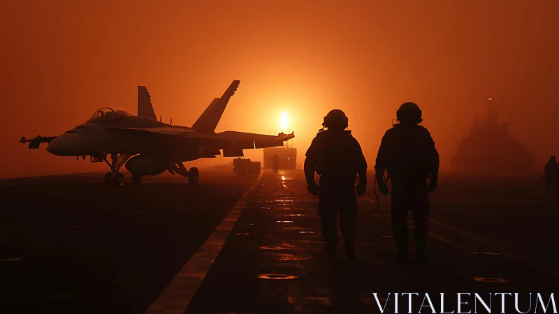 Carrier deck silhouettes with fighter jet in dense orange haze