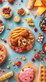 Color-saturated overhead layout of fried and sugary snack foods