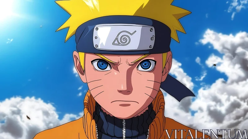 Blond anime character in orange jacket under cloudy sky.