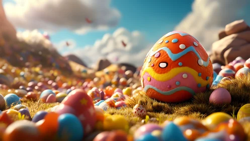 3D Easter landscape with oversized decorative candy egg focus.