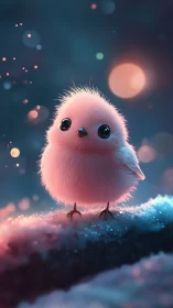 Fluffy pink chick on snowy branch in dreamy bokeh light.