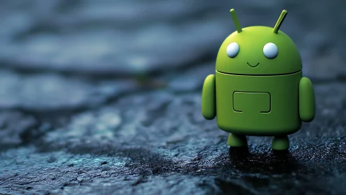 Green robot figurine stands on wet, textured surface