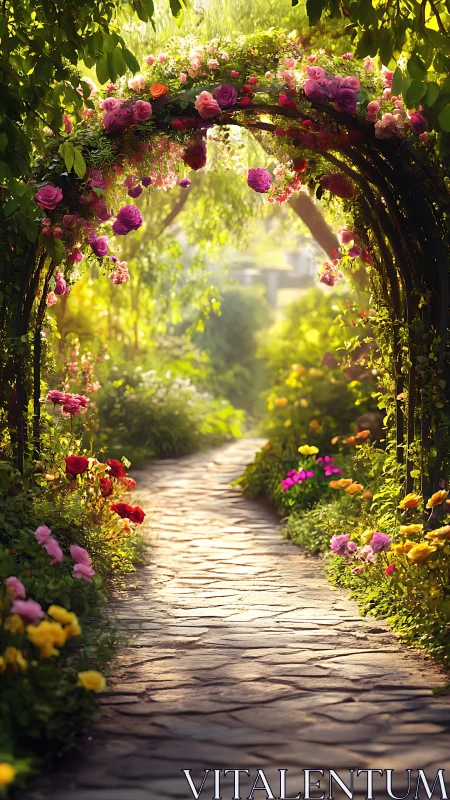 Sunlit rose archway guiding a dreamlike garden wanderer.