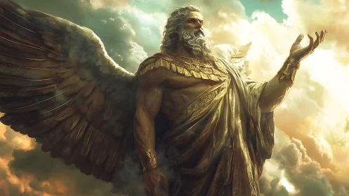 Majestic winged guardian rises in golden stormlit clouds
