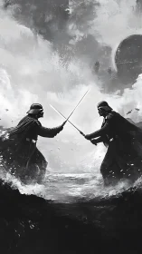 Dark armored warriors duel amid stormy galactic waters