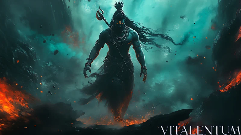 Storm-drenched warrior walks through fire and swirling ash.
