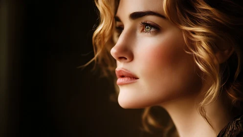 Side profile portrait shows detailed, softly lit young woman