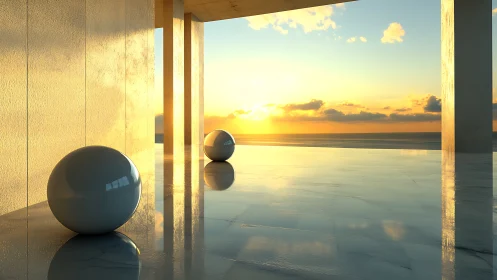 Sunlit marble pavilion with reflective spheres at horizon.