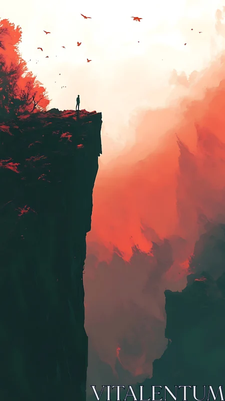 Solitary figure overlooks blazing canyon under scarlet sky.