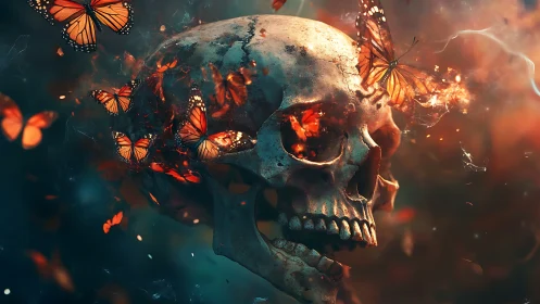 Eroded skull emits fiery butterflies through fractured cranial cavity