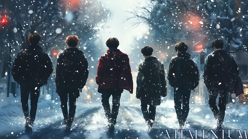 Winter night walk with friends under soft city snowflakes.