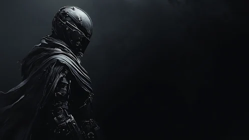 Shadowed sci fi wanderer wrapped in mystery and metal.