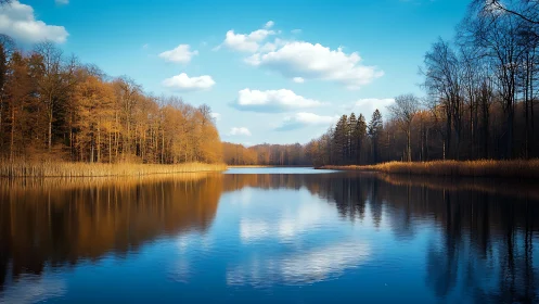 Symmetric autumn lakescape with reflective sky mirroring dynamics.