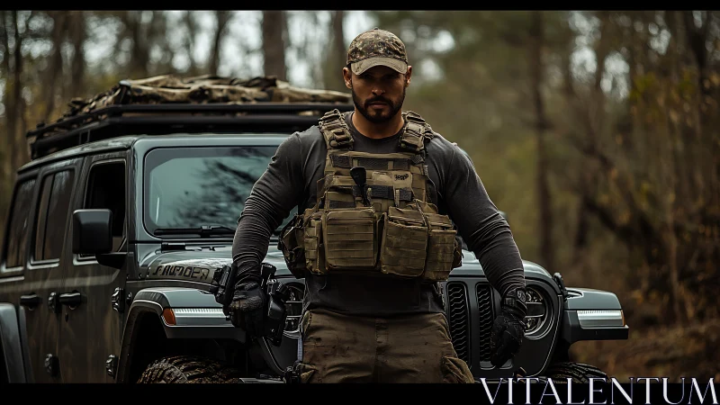 Armed tactical operator stands before rugged off-road Jeep.