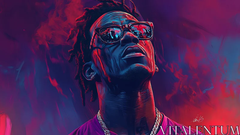 Stylized portrait of man in sunglasses with neon lighting.