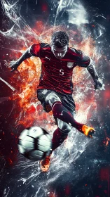 Fiery soccer kick frozen in a storm of sparks and motion.