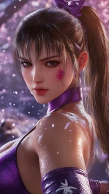 Confident purple warrior under softly falling spring petals.