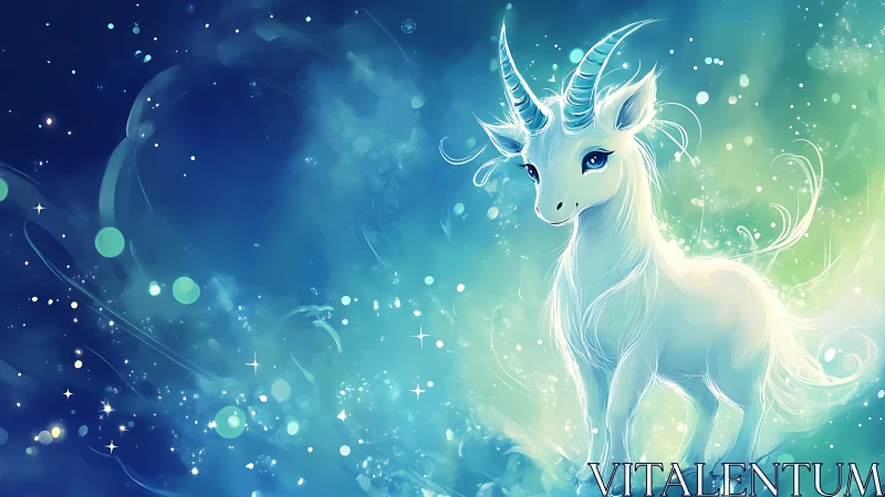 Gentle baby unicorn glowing softly in a dreamy night sky.