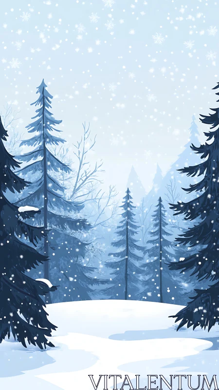 Snowy Forest Glade Under Falling Flakes.