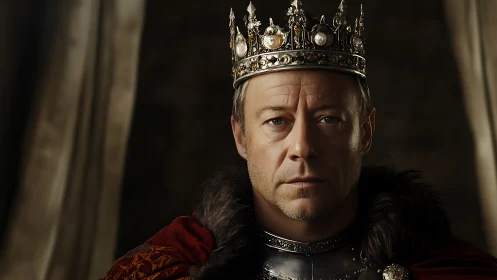 Solemn medieval king wearing ornate crown faces viewer