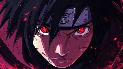 Crimson eyed shinobi ignites the darkness with burning fury.