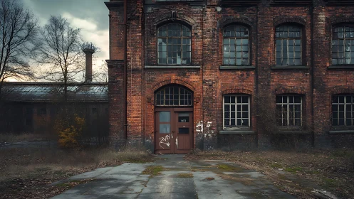 Weathered brick factory stands silent under brooding skies