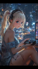 Cozy night gamer girl glowing against a neon cityscape.