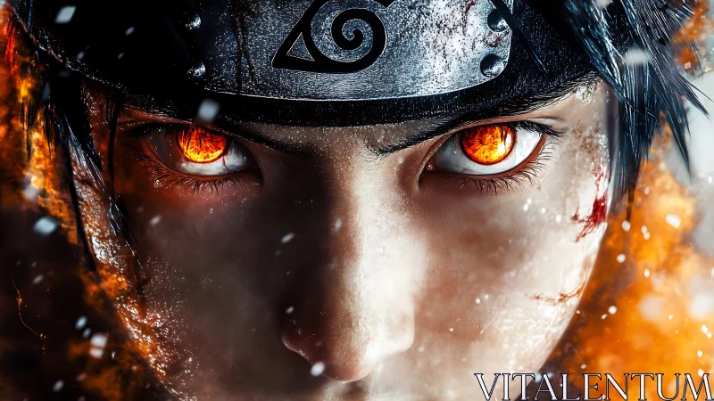 Fiery-eyed warrior close-up with forged metal headband.