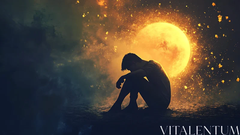 Silhouetted boy curls in sorrow before a blazing full moon