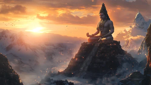 Colossal meditating deity statue dominates snowy mountain temple