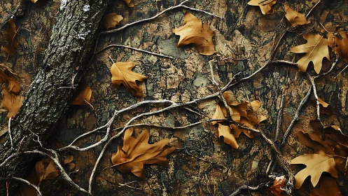 Autumn oak leaves and tangled branches form a rustic forest tapestry