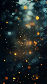 Defocused golden light particles on dark abstract background.