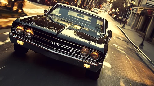 Classic black SS muscle car moves through urban street
