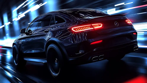 Black coupe SUV on wet city road with neon motion blur.