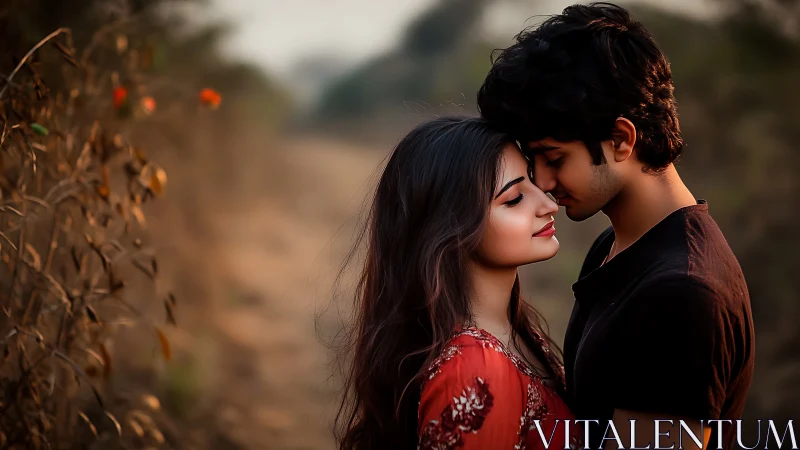 Intimate moment between couple in warm autumn setting.