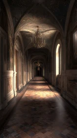 Sunlit baroque corridor dreaming in dust and shadowed gold.
